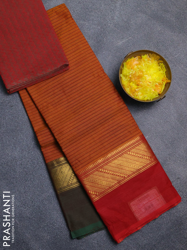 Chettinad cotton saree dark mustard and red with allover stripe pattern and ganga jamuna border