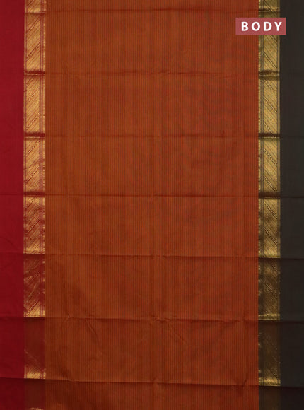 Chettinad cotton saree dark mustard and red with allover stripe pattern and ganga jamuna border