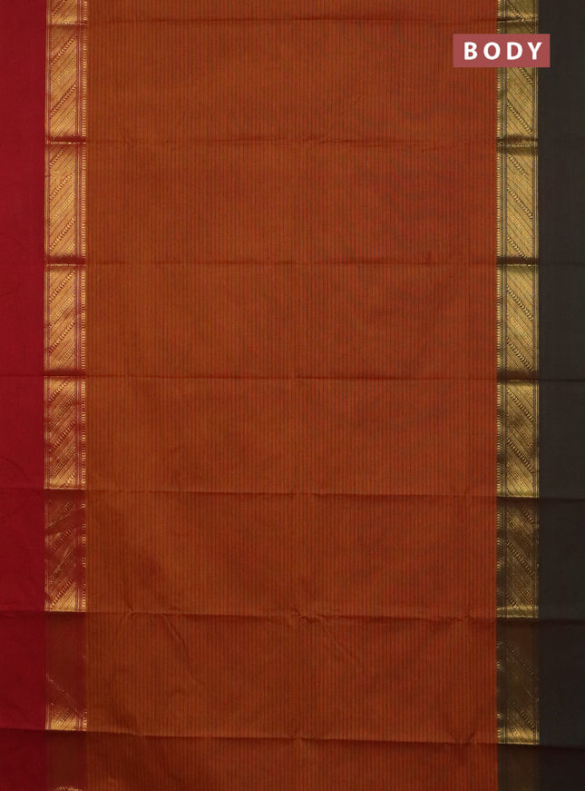 Chettinad cotton saree dark mustard and red with allover stripe pattern and ganga jamuna border