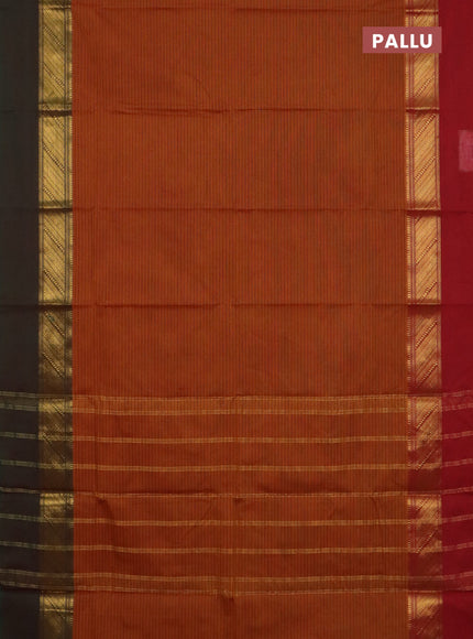 Chettinad cotton saree dark mustard and red with allover stripe pattern and ganga jamuna border