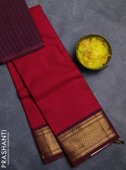 Chettinad cotton saree pink and wine shade with plain body and zari woven border