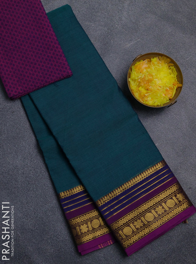 Chettinad cotton saree peacock green and purple with plain body and zari woven border