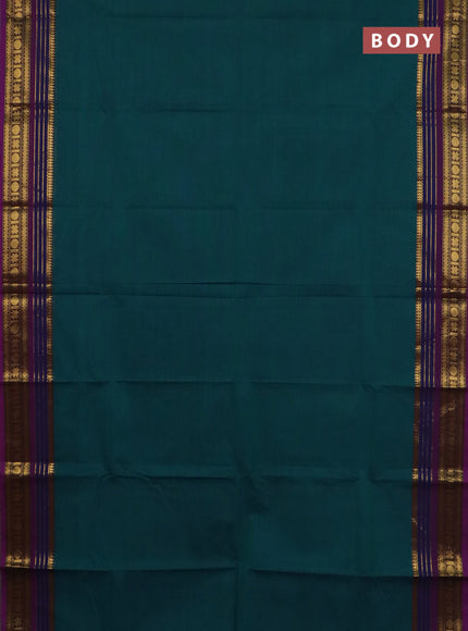 Chettinad cotton saree peacock green and purple with plain body and zari woven border