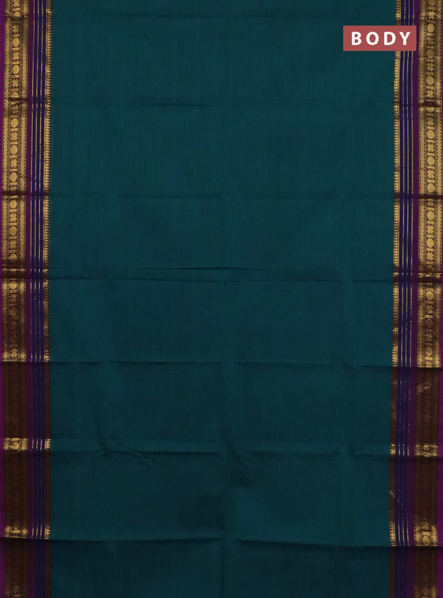 Chettinad cotton saree peacock green and purple with plain body and zari woven border