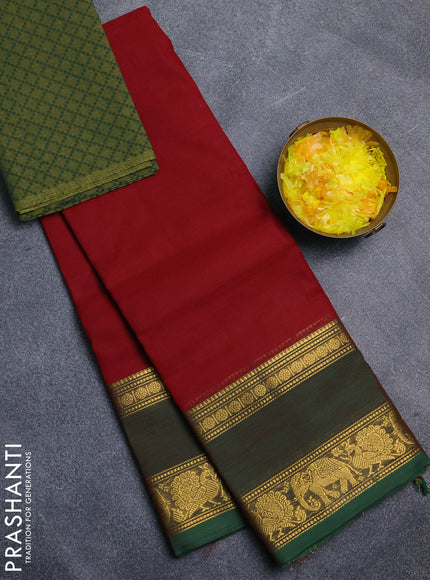 Chettinad cotton saree maroon and green with plain body and long rettapet zari woven border