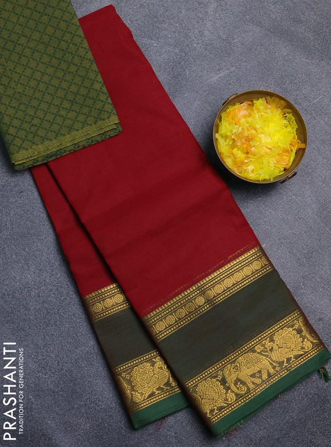 Chettinad cotton saree maroon and green with plain body and long rettapet zari woven border