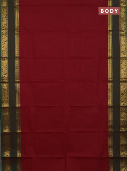 Chettinad cotton saree maroon and green with plain body and long rettapet zari woven border