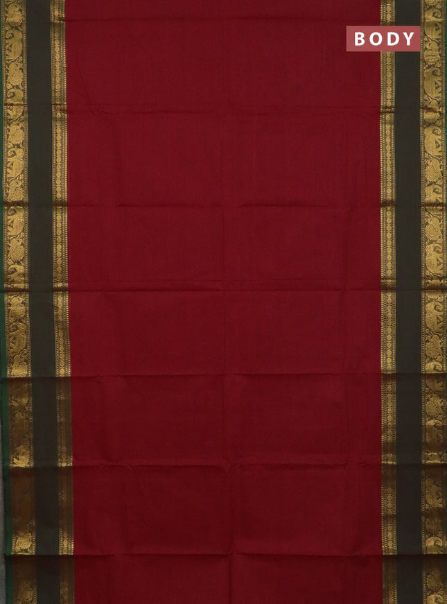 Chettinad cotton saree maroon and green with plain body and long rettapet zari woven border