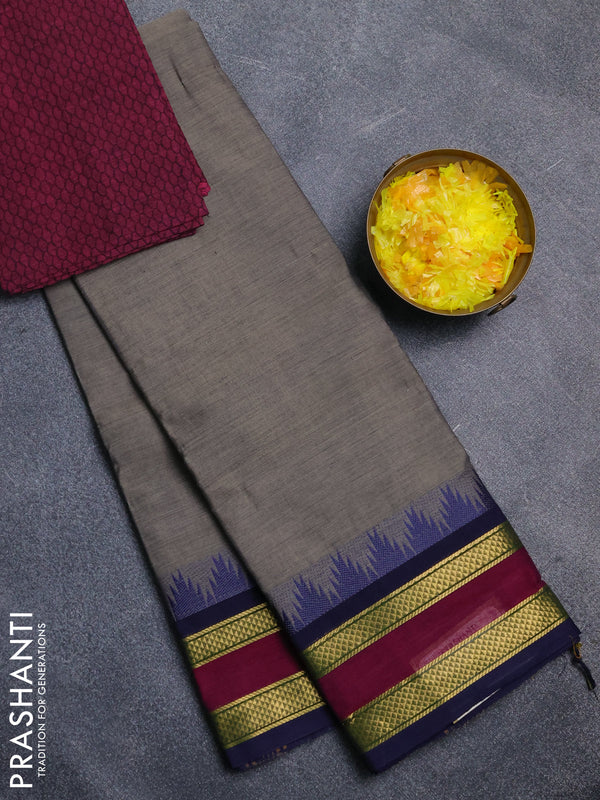Chettinad cotton saree grey and navy blue magenta pink with plain body and temple design rettapet zari woven border
