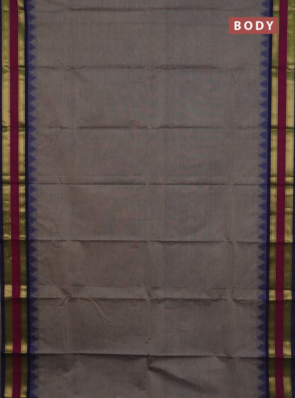 Chettinad cotton saree grey and navy blue magenta pink with plain body and temple design rettapet zari woven border