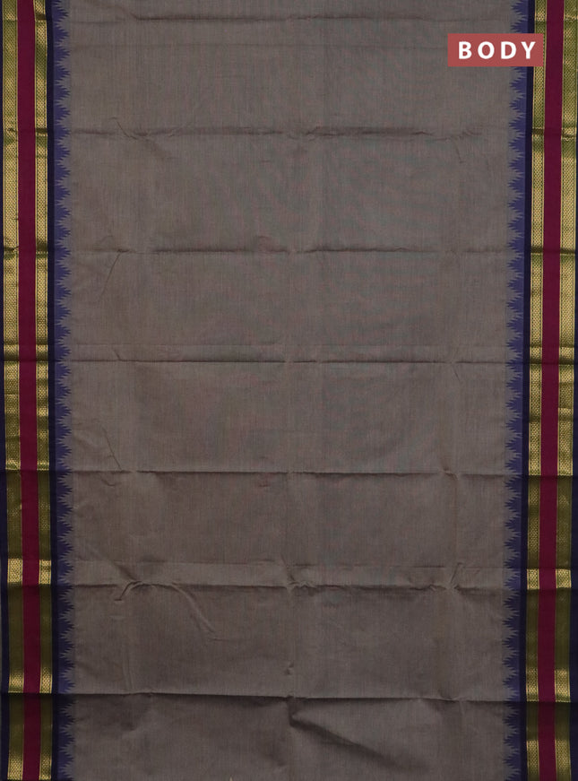 Chettinad cotton saree grey and navy blue magenta pink with plain body and temple design rettapet zari woven border