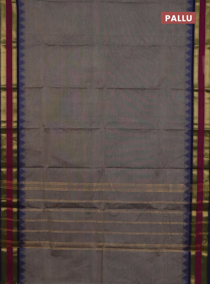 Chettinad cotton saree grey and navy blue magenta pink with plain body and temple design rettapet zari woven border