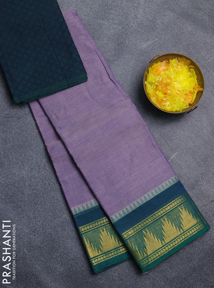 Chettinad cotton saree pastel purple and green with plain body and temple design rettapet zari woven border