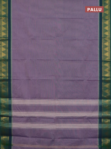 Chettinad cotton saree pastel purple and green with plain body and temple design rettapet zari woven border