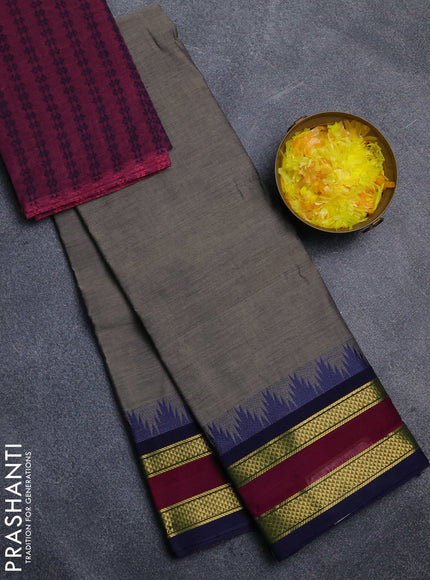 Chettinad cotton saree grey and magenta pink with plain body and temple design rettapet zari woven border