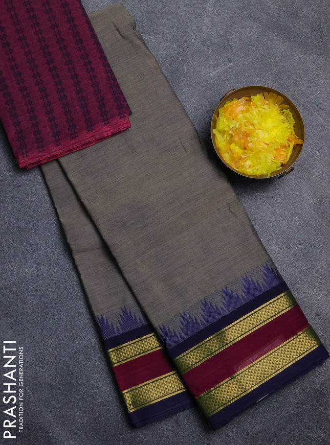 Chettinad cotton saree grey and magenta pink with plain body and temple design rettapet zari woven border