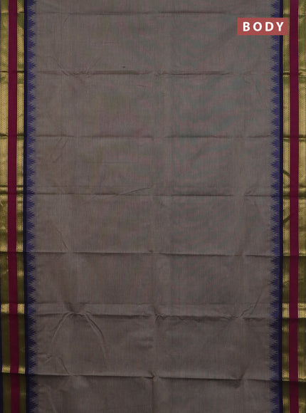 Chettinad cotton saree grey and magenta pink with plain body and temple design rettapet zari woven border