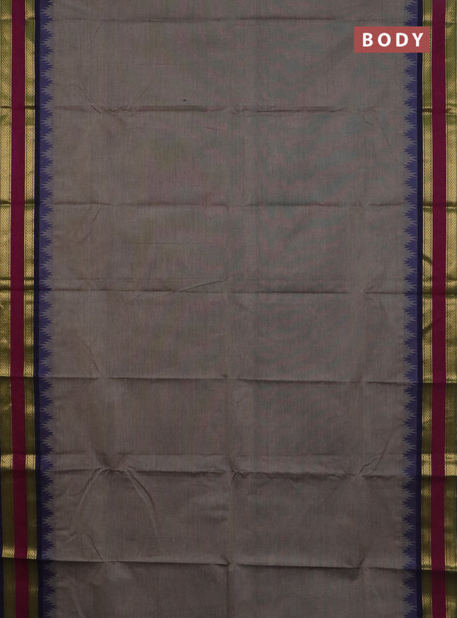 Chettinad cotton saree grey and magenta pink with plain body and temple design rettapet zari woven border