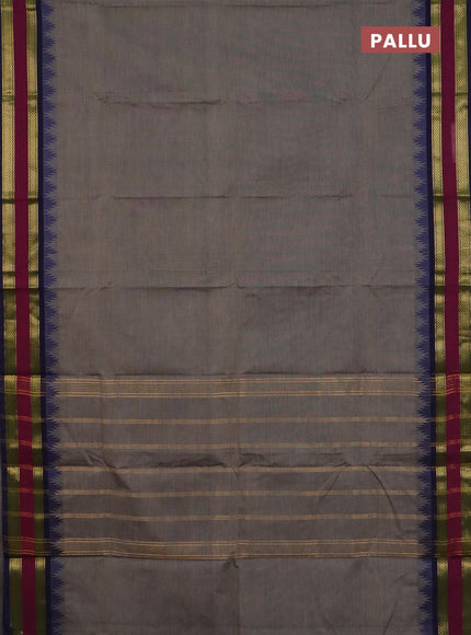 Chettinad cotton saree grey and magenta pink with plain body and temple design rettapet zari woven border