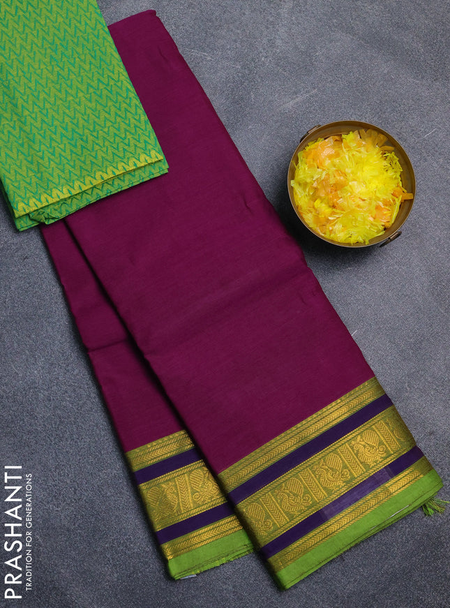 Chettinad cotton saree purple shade and light green with plain body and zari woven border