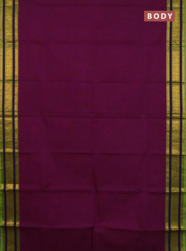 Chettinad cotton saree purple shade and light green with plain body and zari woven border