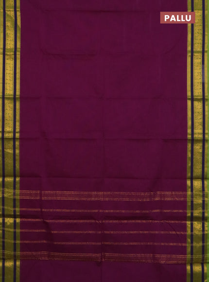 Chettinad cotton saree purple shade and light green with plain body and zari woven border