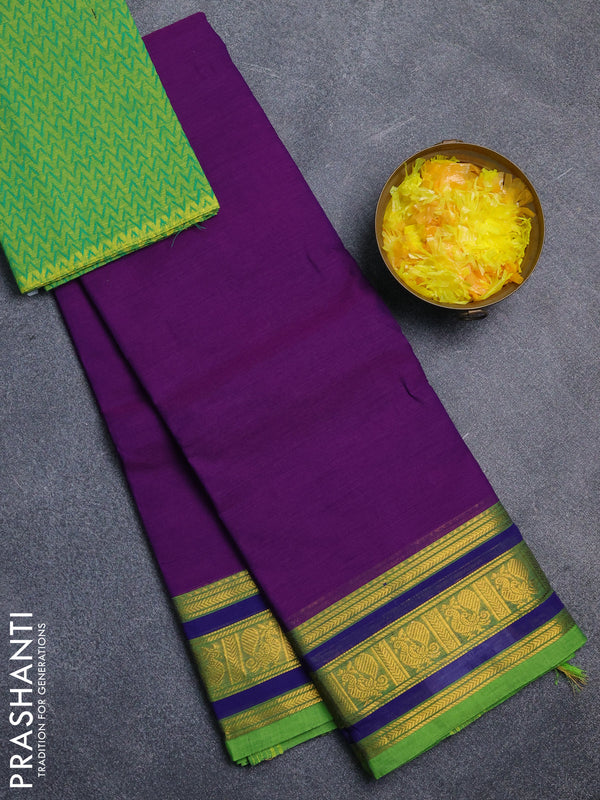 Chettinad cotton saree purple and light green with plain body and zari woven border