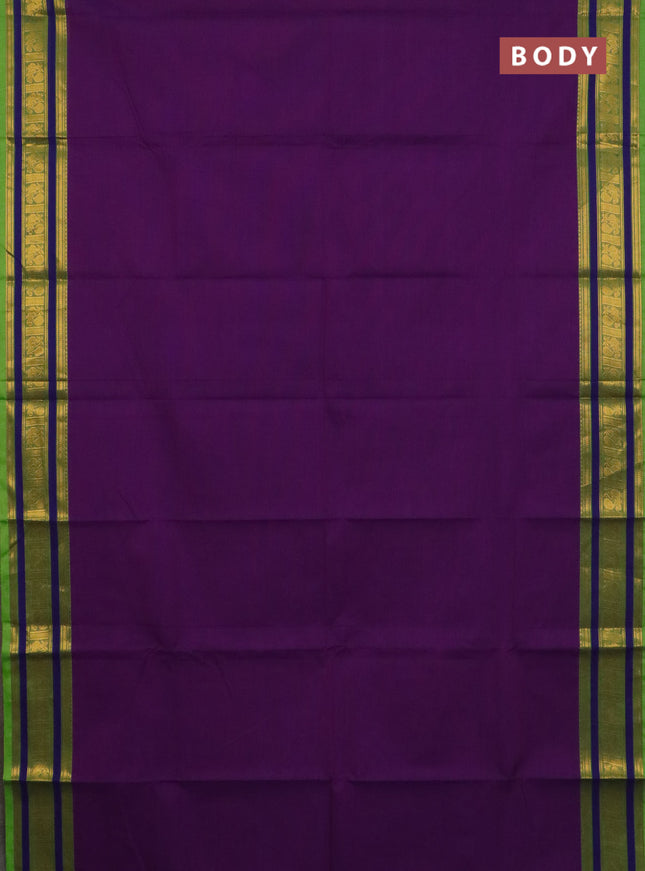 Chettinad cotton saree purple and light green with plain body and zari woven border