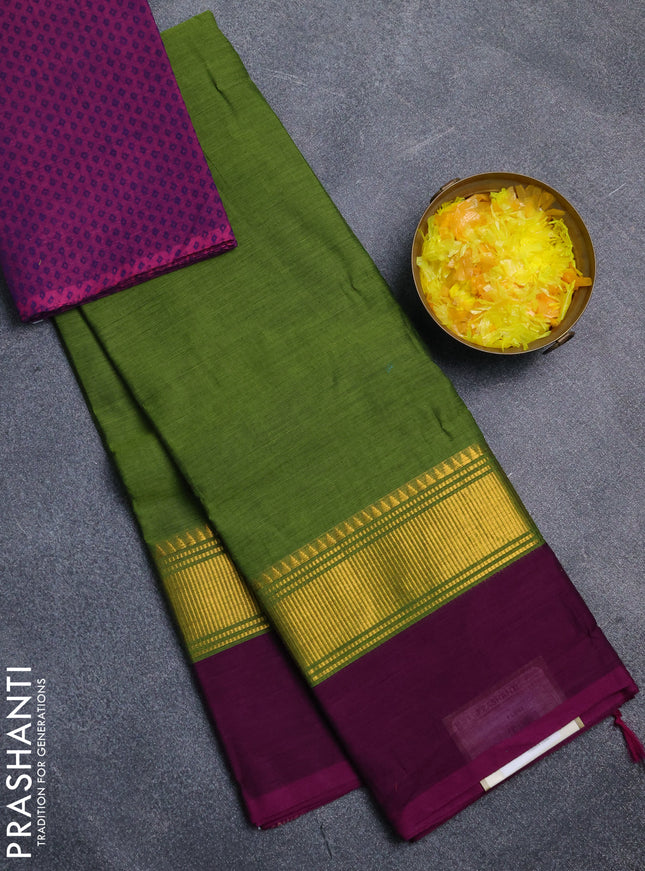 Chettinad cotton saree sap green and purple with plain body and zari woven simple border