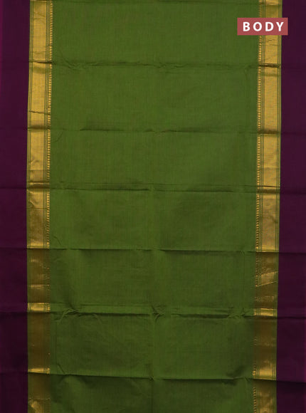 Chettinad cotton saree sap green and purple with plain body and zari woven simple border