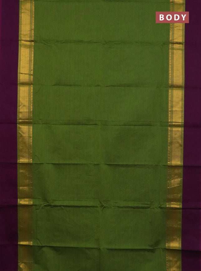 Chettinad cotton saree sap green and purple with plain body and zari woven simple border