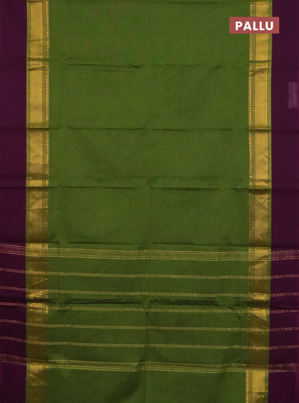 Chettinad cotton saree sap green and purple with plain body and zari woven simple border