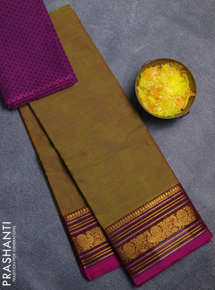 Chettinad cotton saree mehendi green and magenta pink with plain body and zari woven border