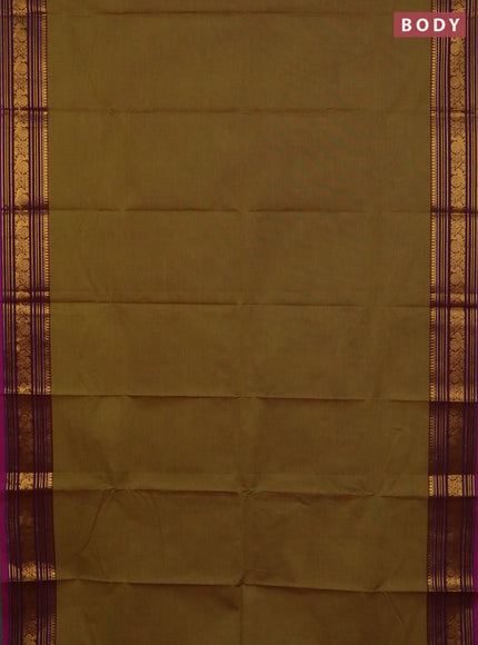Chettinad cotton saree mehendi green and magenta pink with plain body and zari woven border