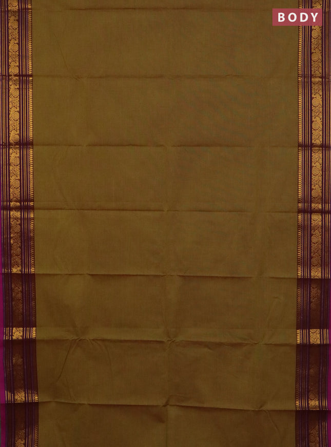 Chettinad cotton saree mehendi green and magenta pink with plain body and zari woven border