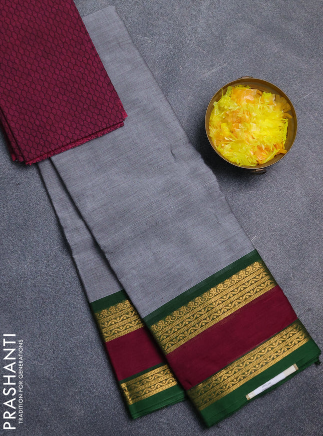 Chettinad cotton saree grey and magenta pink with plain body and rettapet zari woven border
