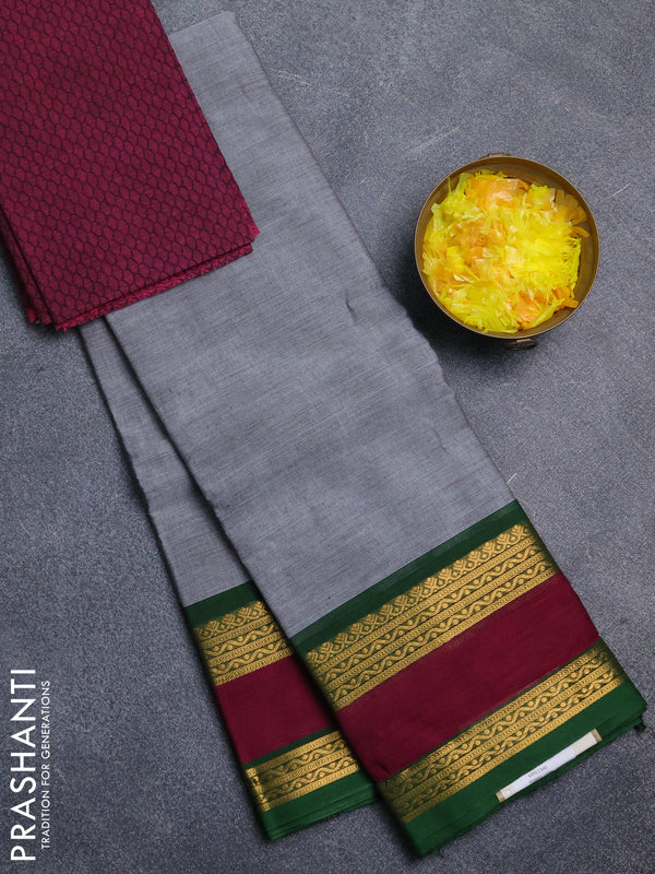Chettinad cotton saree grey and magenta pink with plain body and rettapet zari woven border
