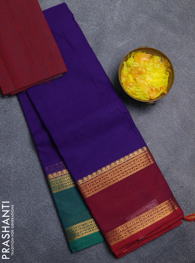 Chettinad cotton saree violet and maroon with plain body and ganaga jamuna border