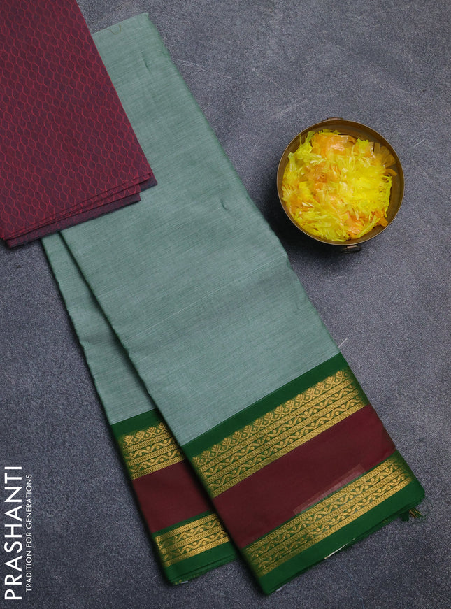 Chettinad cotton saree pastel green and pink with plain body and rettapet zari woven border
