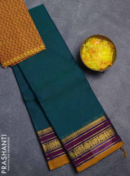 Chettinad cotton saree peacock green and mustard yellow with plain body and zari woven border