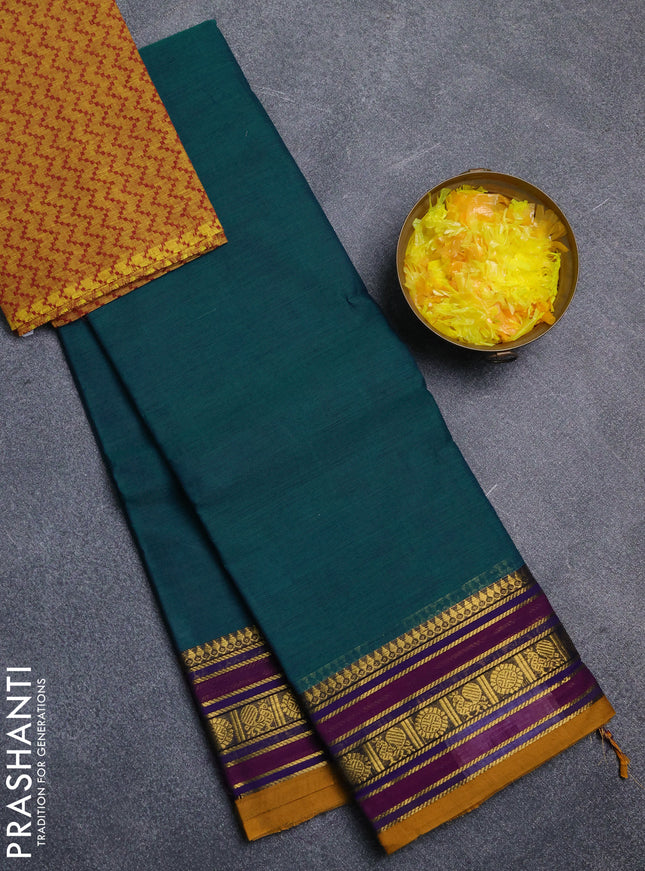 Chettinad cotton saree peacock green and mustard yellow with plain body and zari woven border