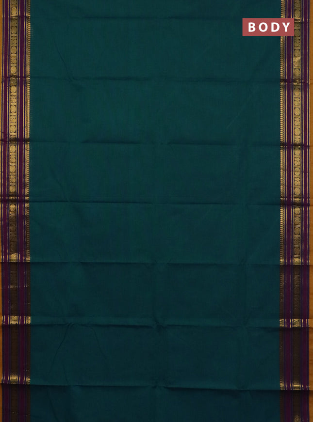 Chettinad cotton saree peacock green and mustard yellow with plain body and zari woven border