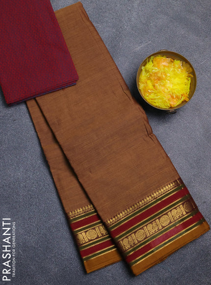 Chettinad cotton saree dark mustard and maroon with plain body and zari woven border