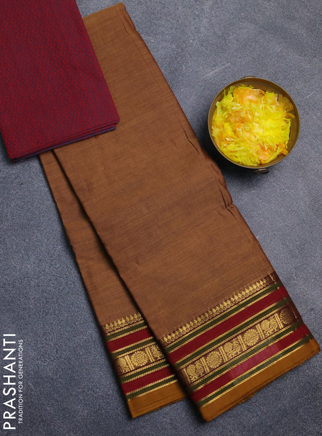 Chettinad cotton saree dark mustard and maroon with plain body and zari woven border