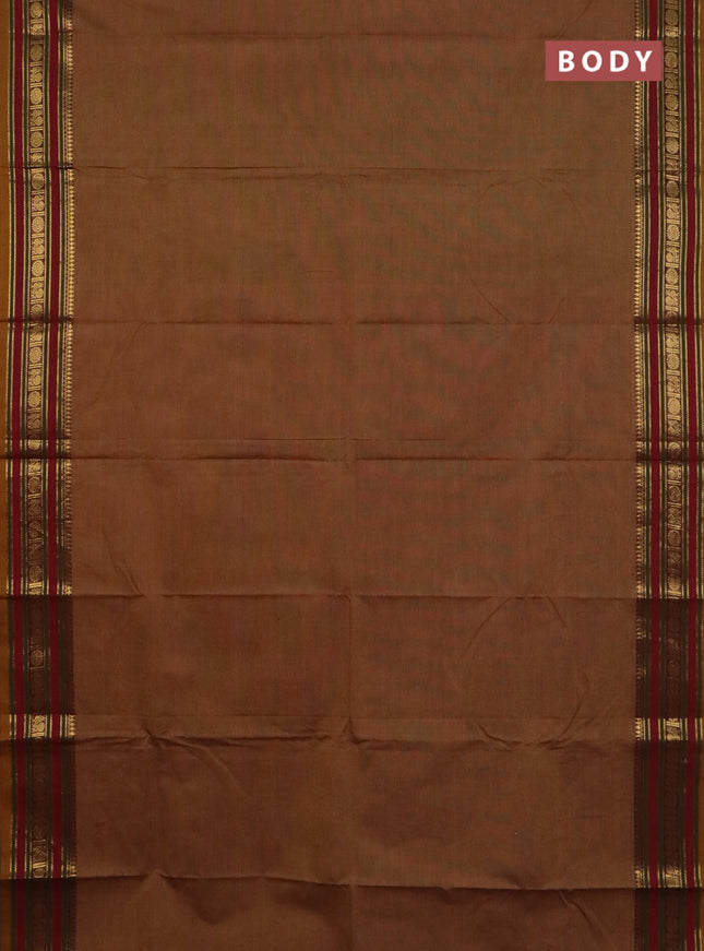 Chettinad cotton saree dark mustard and maroon with plain body and zari woven border