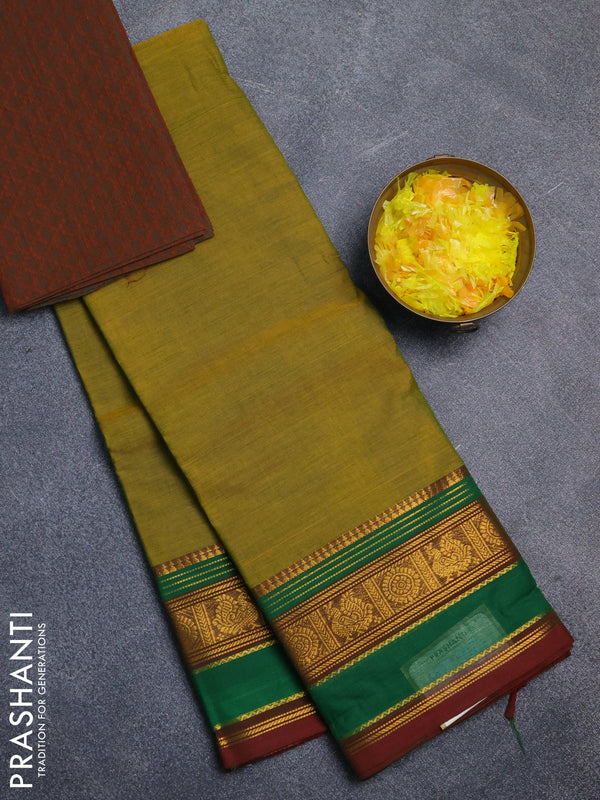 Chettinad cotton saree mustard green and maroon with plain body and zari woven border