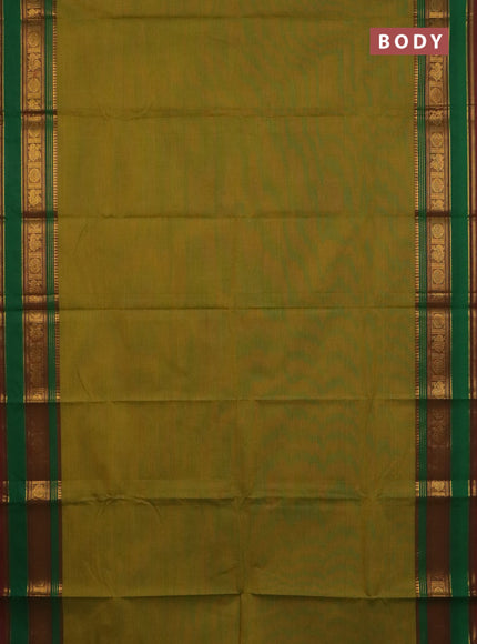 Chettinad cotton saree mustard green and maroon with plain body and zari woven border