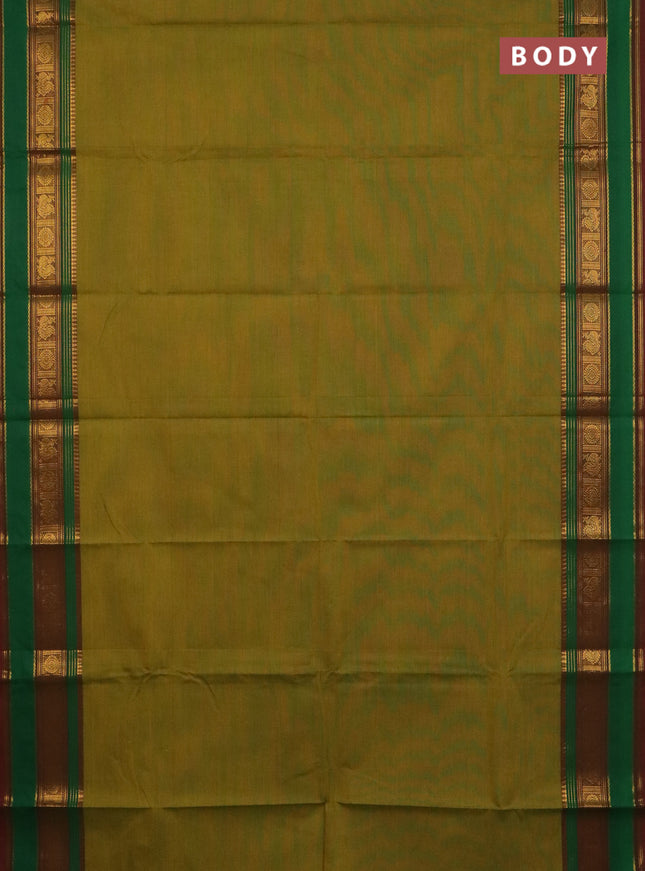 Chettinad cotton saree mustard green and maroon with plain body and zari woven border