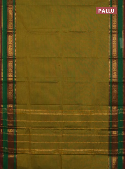 Chettinad cotton saree mustard green and maroon with plain body and zari woven border