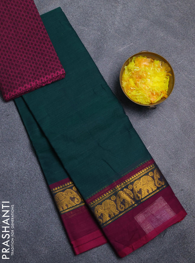 Chettinad cotton saree bottle green and wine shade with plain body and zari woven simple border